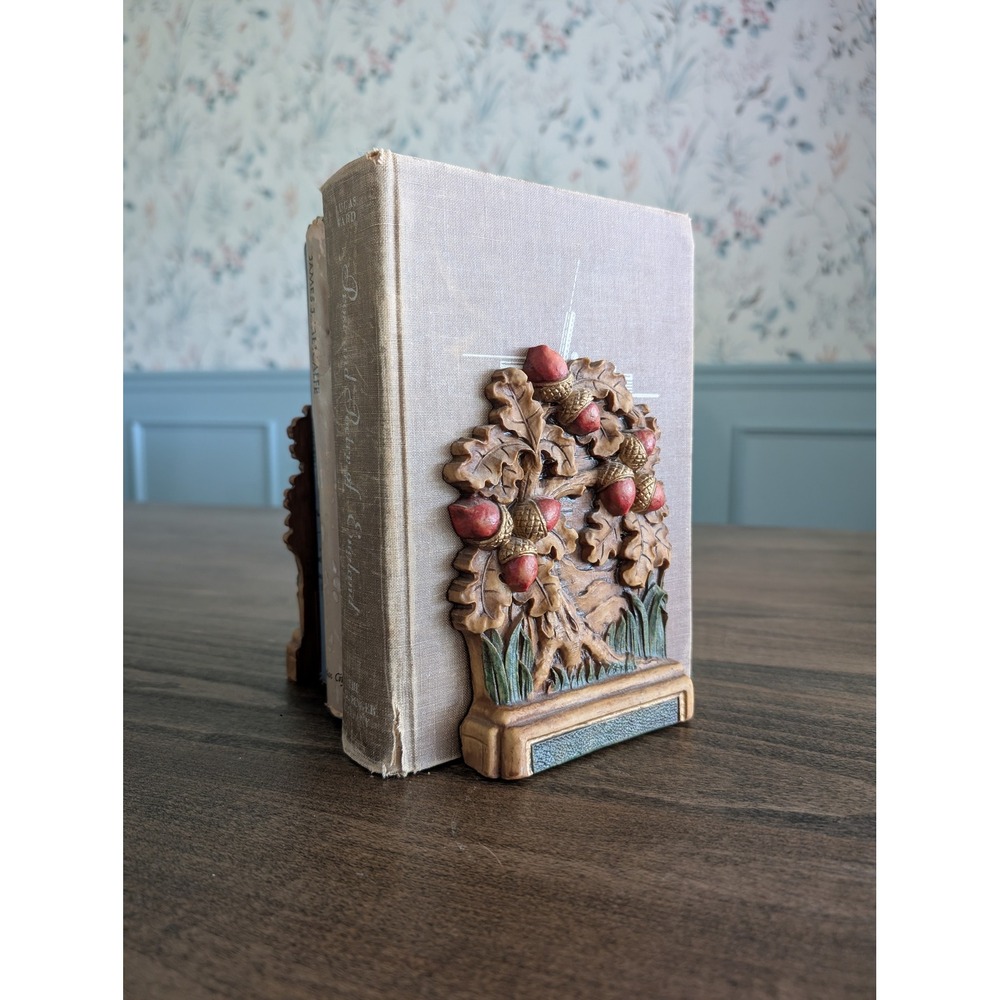 Vintage Vandor Oak Tree Bookends Raffia Wood Pair Rustic Cottagecore MCM Decor